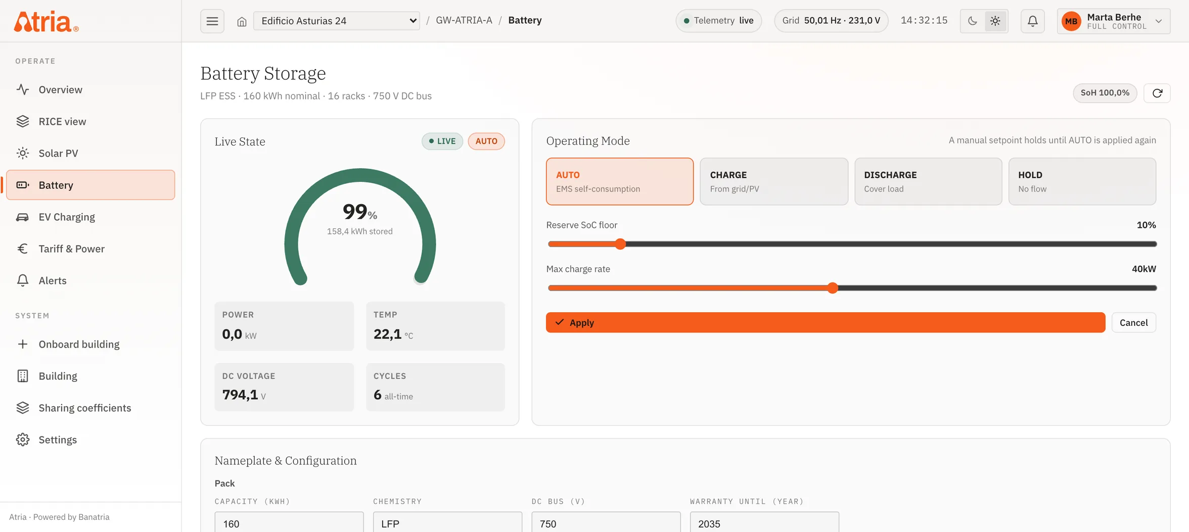Atria console: Battery storage